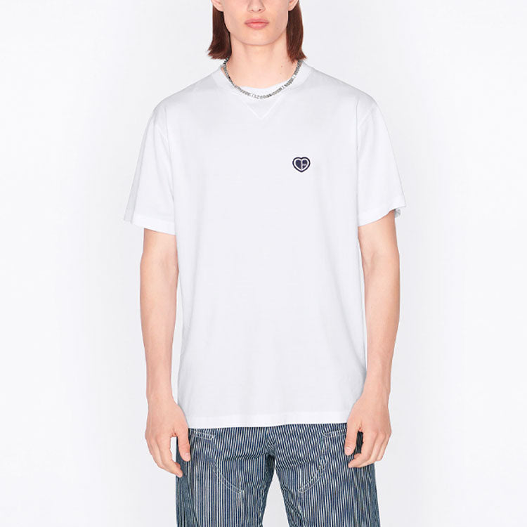 Men's DIOR SS22 Cotton Plain Weave Knit Material CD Heart Short Sleeve White T-Shirt 213J685A0677-C001