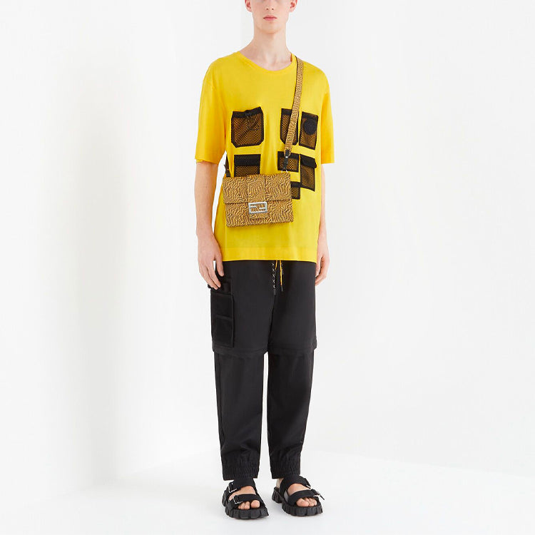 Men's FENDI FW21 Mesh Pocket Cotton Short Sleeve Yellow T-Shirt FY0936AGAIF1DO6