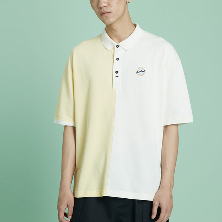 Men's Converse Splicing Colorblock Lapel Short Sleeve Cream Yellow Polo Shirt 10022780-A01