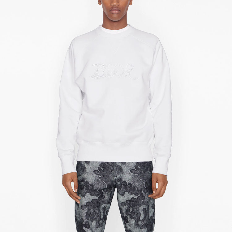 Men's DIOR x PETER DOIG Crossover FW21 Solid Color Logo Embroidered Round Neck Pullover White 143J684C0531-C080