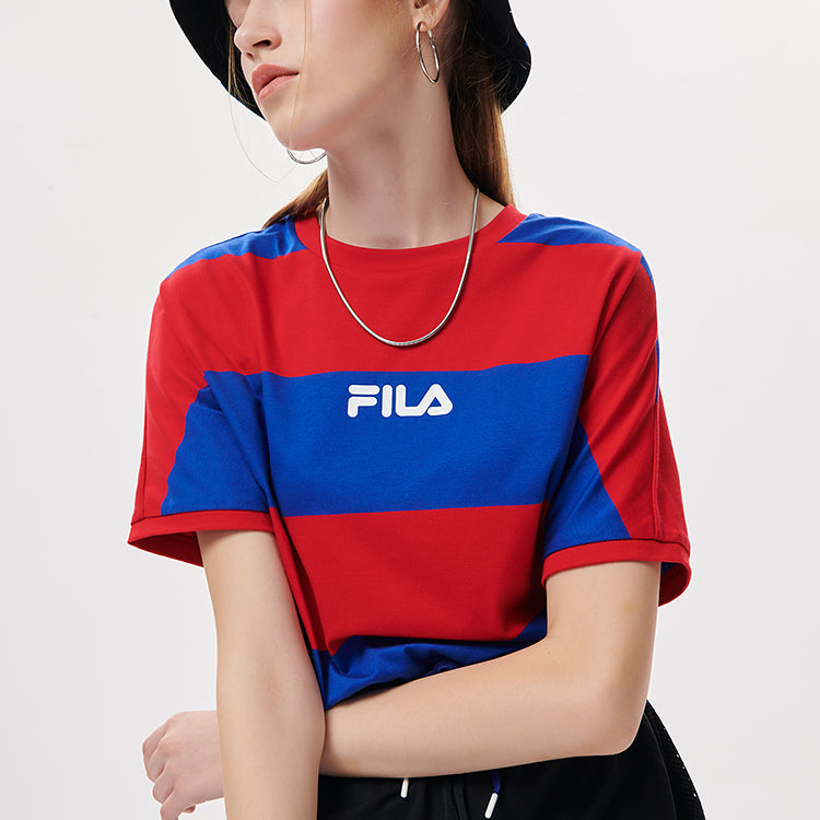 FILA FUSION Contrasting Colors Stripe Loose Round Neck Short Sleeve Blue T11W135106F-BU