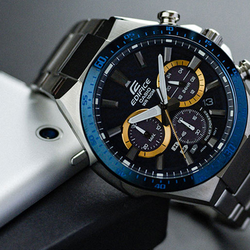 CASIO Waterproof Solar Powered Quartz EDIFICE Sapphire Crystal Unisex Mens Silver Analog EQS-900BCD-2AVUPRD