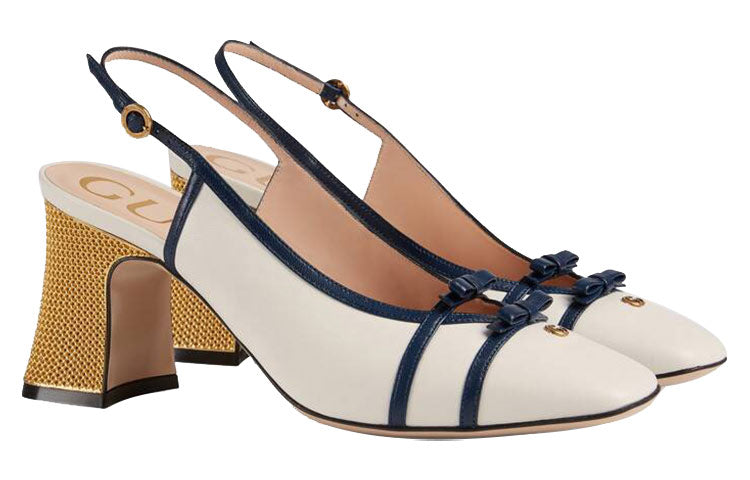 (WMNS) Gucci Leather Mid-Heel Slingback Pumps With Block heel 'White Navy' 608932-C9D10-9068