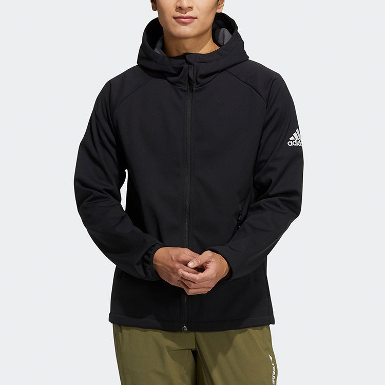 adidas Softshell Jkt Outdoor Sports Solid Color Logo Fleece Lined Hooded Jacket Black H13799