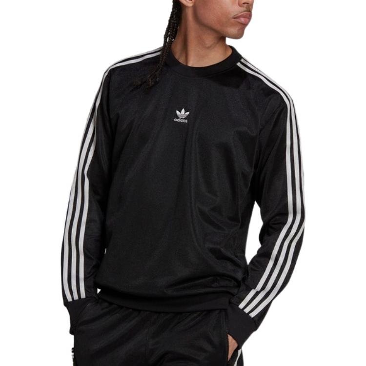 Men's adidas originals Stripe Solid Color Round Neck Pullover Long Sleeves Black HC1918