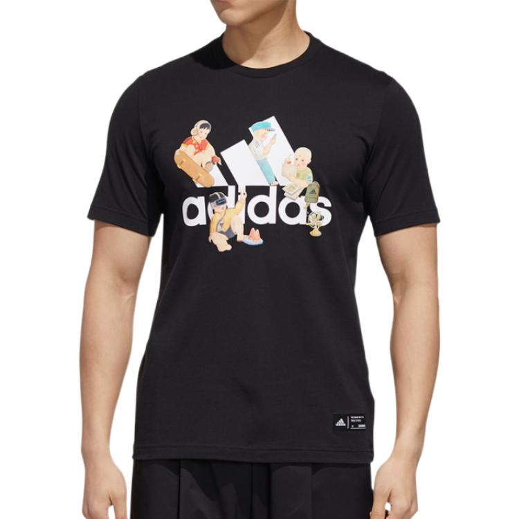 Men's adidas Cartoon Alphabet Logo Printing Round Neck Short Sleeve Black T-Shirt GL0398