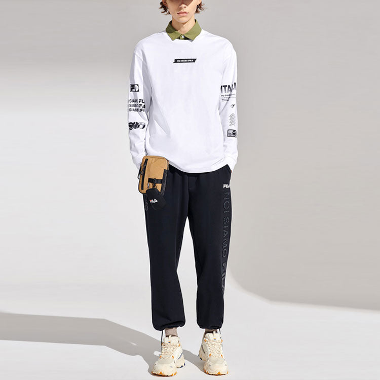Men's FILA FUSION Alphabet Printing Sports Tennis Long Sleeves White T-Shirt T11M111201F-WT