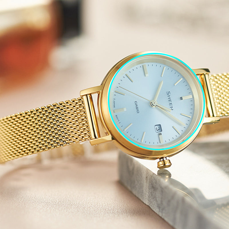 CASIO SHEEN Waterproof Quartz Sapphire Crystal Solar Powered Silver DialGold Strap SilverGold Analog SHS-D300GM-7A