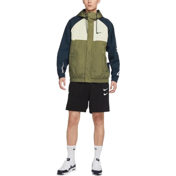 Men's Nike Alphabet Logo Printing Colorblock Hooded Jacket Autumn Olive Green DX6311-222