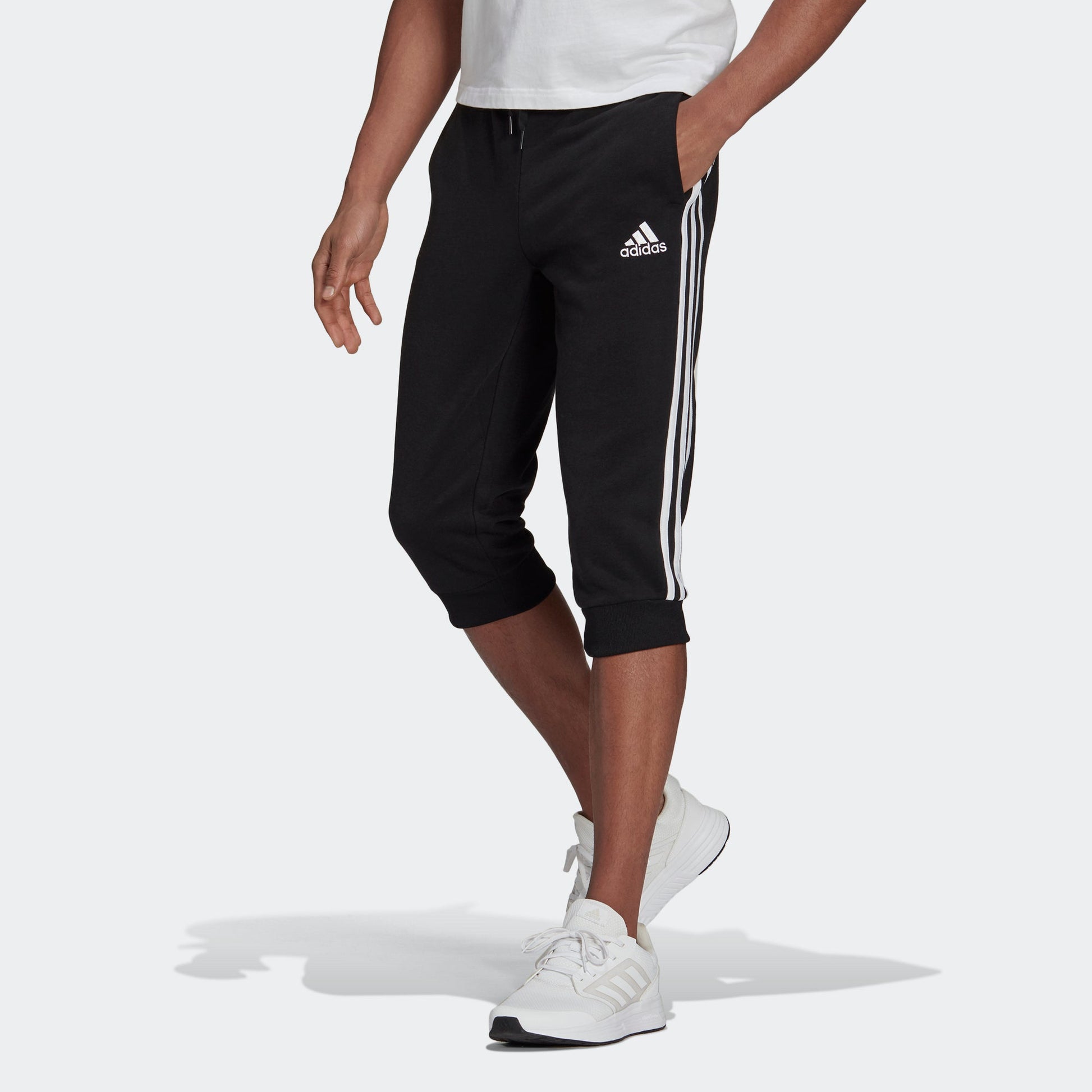 adidas M 3s Ft Tc 34pt Logo Embroidered Stripe Knit Bundle Feet Cropped Pants Black GK8987