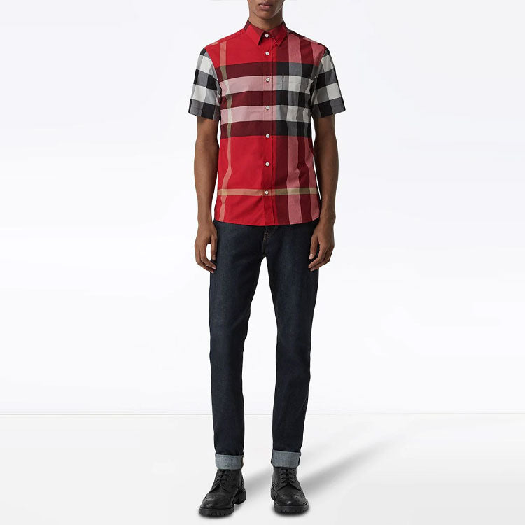 Men's Burberry Plaid Casual Short Sleeve Shirt Red 80071791