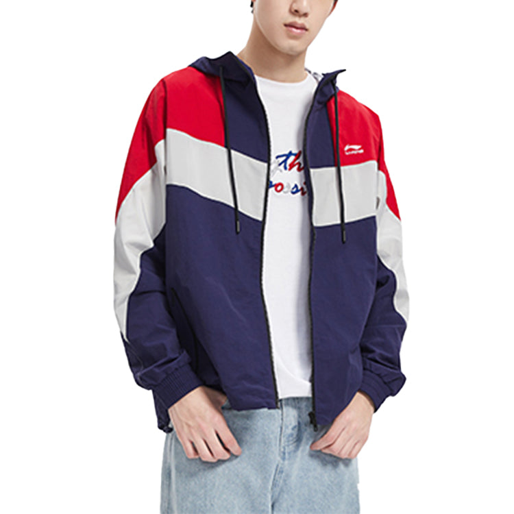 Li-Ning Colorblock hooded Drawstring Loose Jacket 'Navy Blue' AFDQ045-3