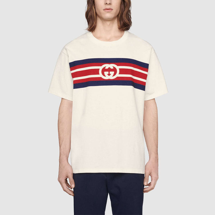 Men's Gucci SS21 Interlock Double G Stripe Printing Short Sleeve Creamy White T-Shirt 616036-XJDAG-9095