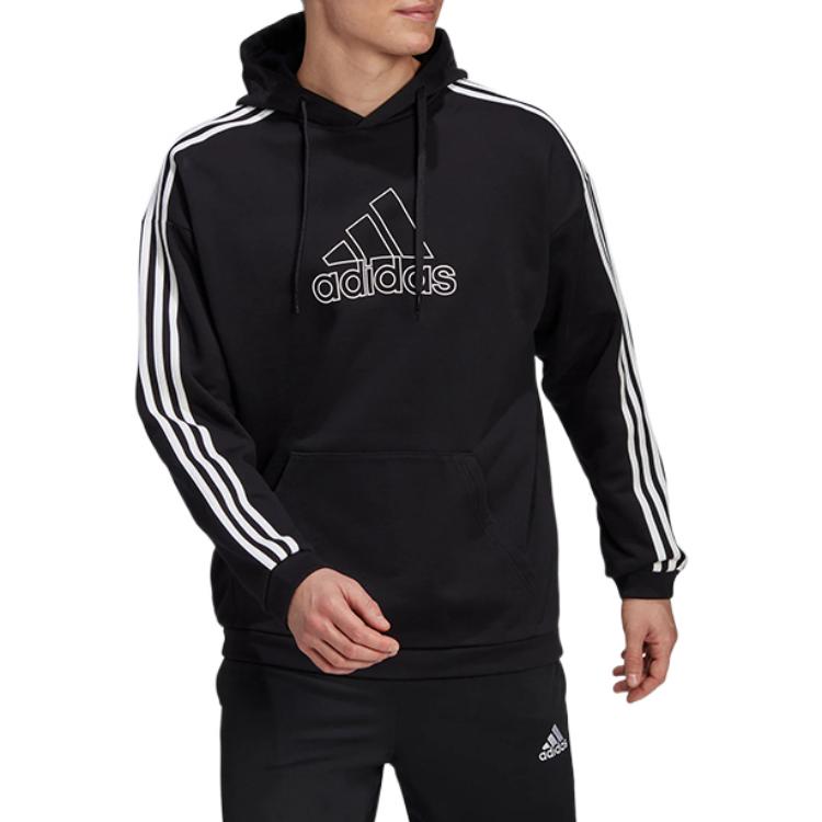 Men's adidas Solid Color Logo Printing Drawstring Hooded Long Sleeves Black GV5181