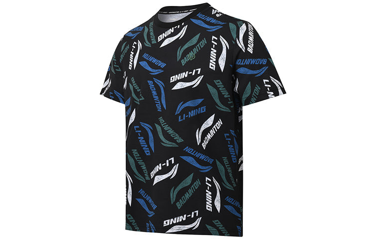 Li-Ning Badminton Series Full Print Logo Quick Dry Round Neck Short Sleeve Black AHSR867-2