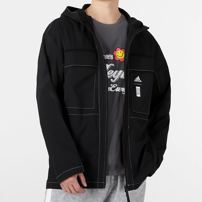 adidas Solid Color Full-Zip Hooded Jacket Black HI6863
