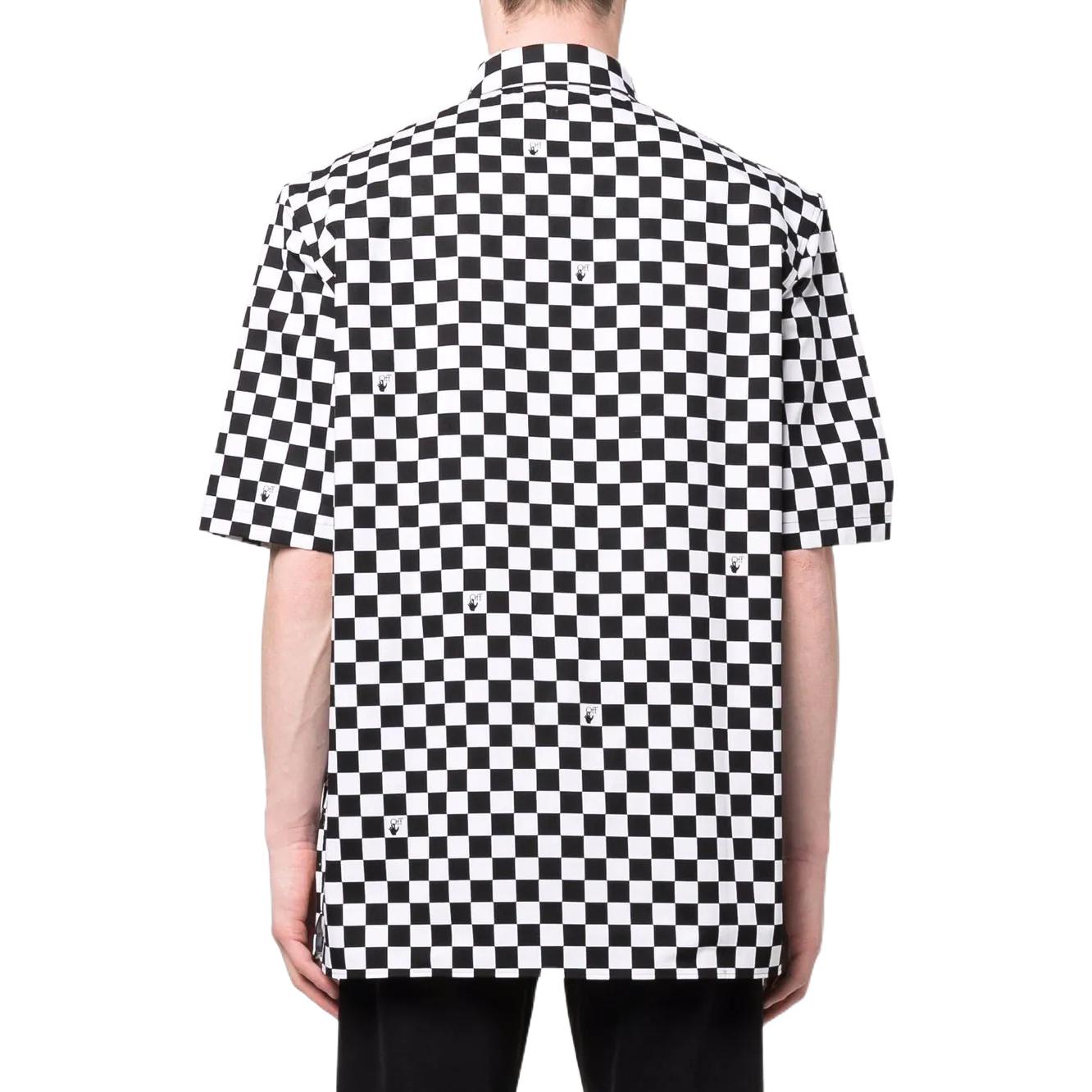 Men's Off-White Plaid Lapel Short Sleeve Black Shirt OMGA216S22FAB0021001