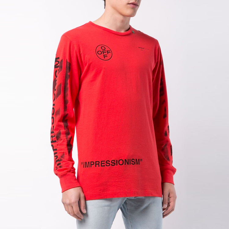 Off-White SS21 Logo Black Arrow Graffiti Printing Long Sleeves Red OMAB001R191850152010