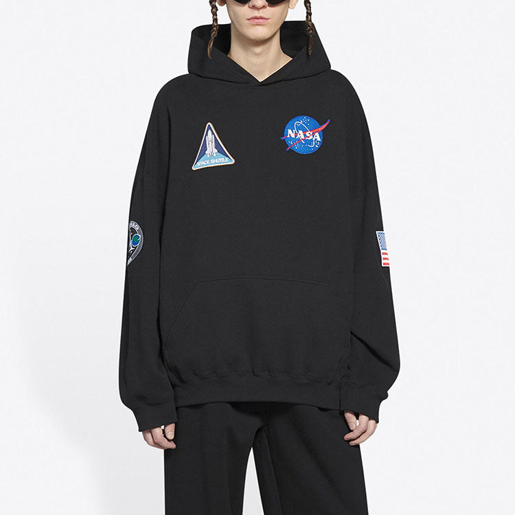 Men's Balenciaga x NASA FW21 Crossover Logo Cotton Classic hooded Loose Long Sleeves Black 651799TKVD81070