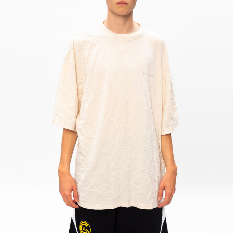 Men's Balenciaga Logo Embroidered Round Neck Short Sleeve Creamy White 641614TJV829757