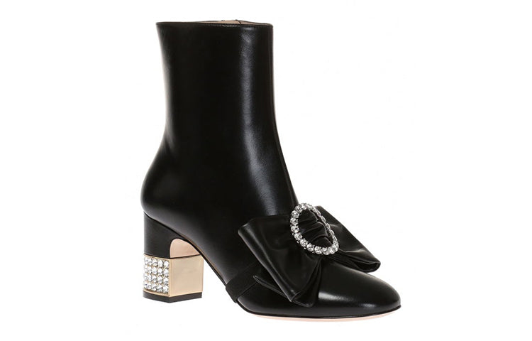(WMNS) Gucci Removable Bow Leather Ankle Boots 'Black' 481171-BKO00-1000