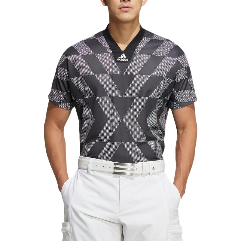 Men's adidas Colorblock Pattern Printing V Neck Short Sleeve Japanese Version Black T-Shirt HB3577