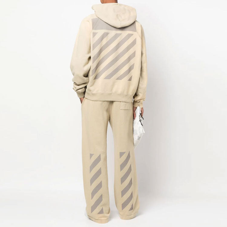 Men's Off-White Back Stripe Pattern Printing Pullover Hooded Long Sleeves Loose Fit Beige OMBB096F22FLE0011717