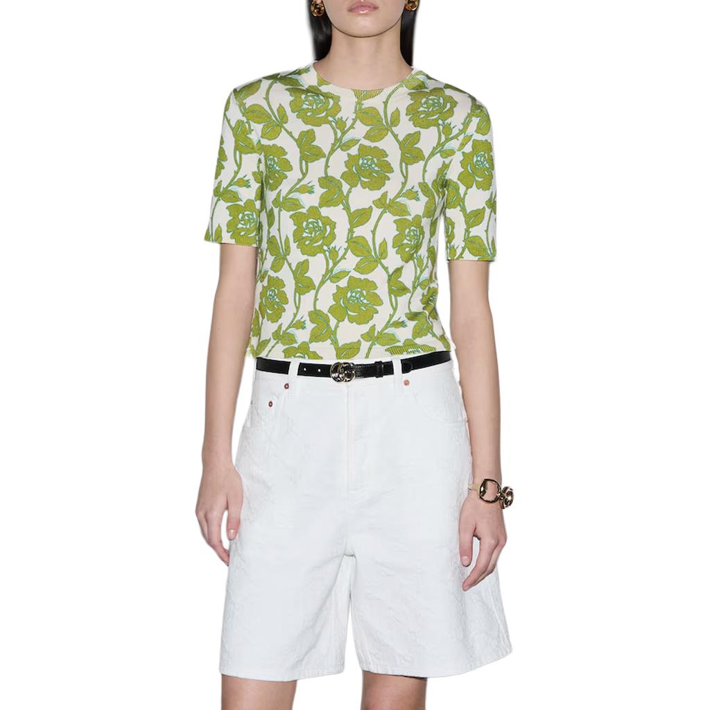 (WMNS) Gucci Floral Print Fine Wool Silk T-shirt 'Green Beige' 782660-XKD0W-9235