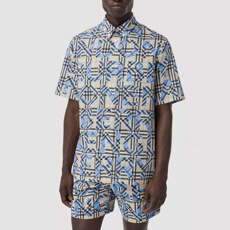 Men's Burberry Plaid Logo Printing Cotton Short Sleeve Shirt 80393081
