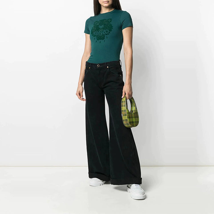 KENZO Tiger Head Printing Velvet Round Neck Short Sleeve Green FA62TS8464YJ-73