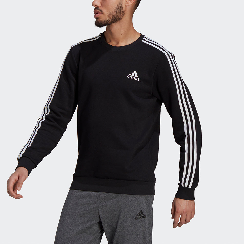 Men's adidas 3S Fl Swt Stripe Sports Round Neck Pullover Black GK9106