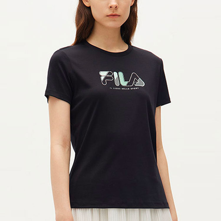 (WMNS) FILA Colorblock Logo Sports Round Neck Short Sleeve Black F11W132154F-BK