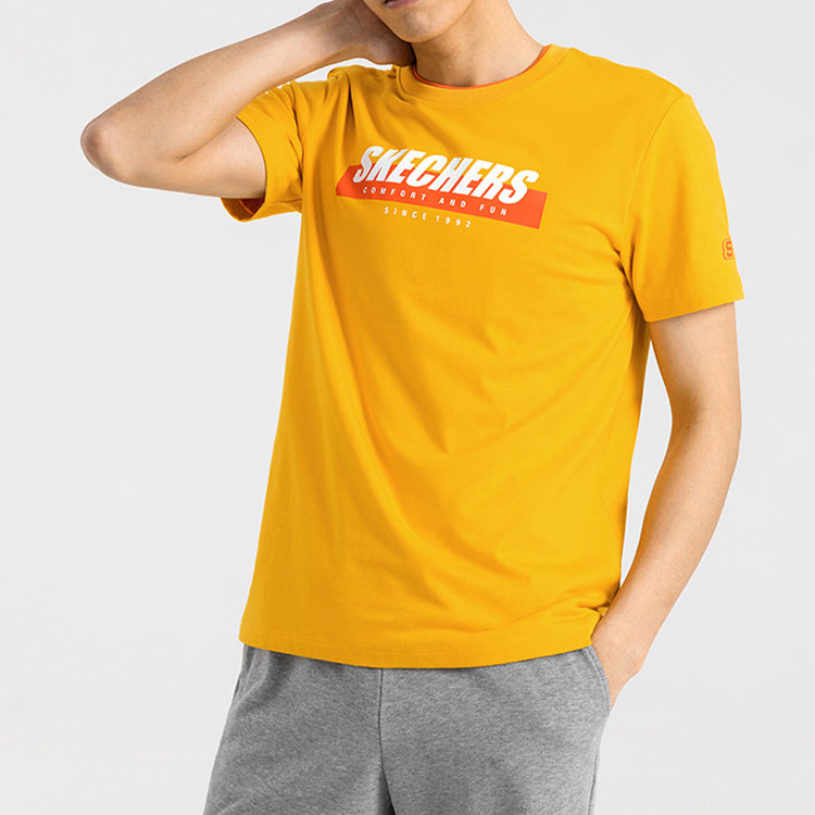 Men's Skechers Sports Alphabet Printing Short Sleeve Gold Color SMLC219M025-00D8