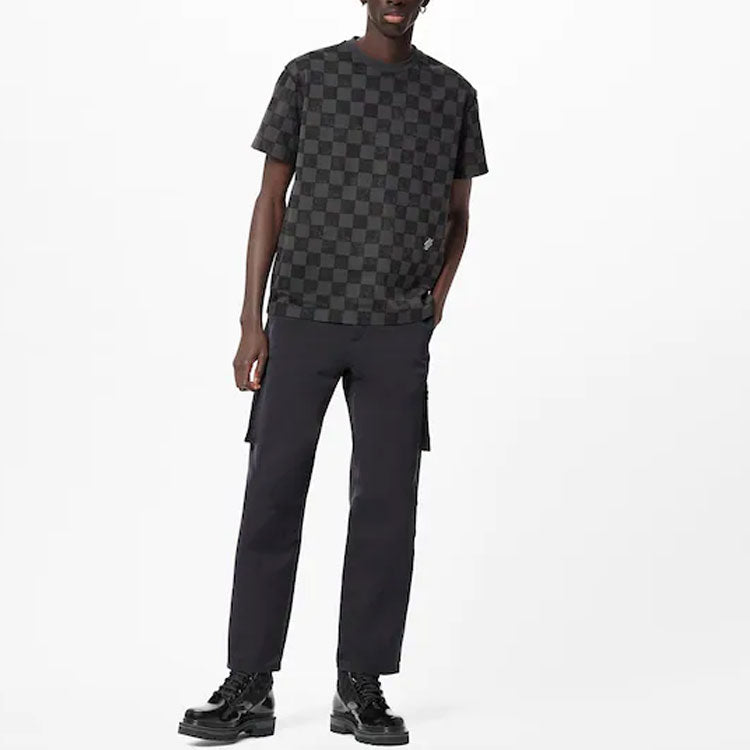 LOUIS VUITTON Grid Full Print Round Neck Pullover Short Sleeve Black 1A99VO