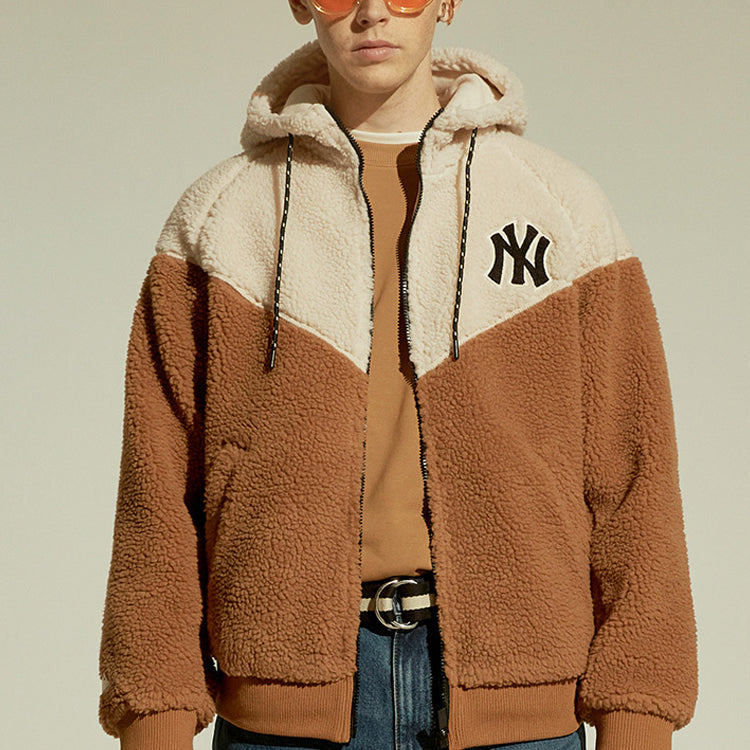 MLB New York Yankees Lambs Wool Hooded Jacket Unisex Beige/Khaki 31JPF5061-50B