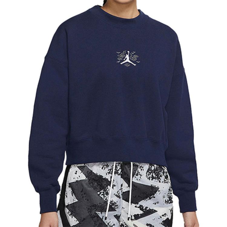 (WMNS) Jordan Solid Color Embroidered Round Neck Long Sleeves Hoodie Navy Blue DQ0864-410