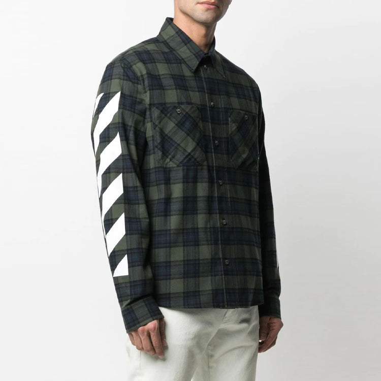 Off-White SS21 Stripe Printing Plaid flannel Long Sleeves Shirt Green OMGA133S21FAB0015701