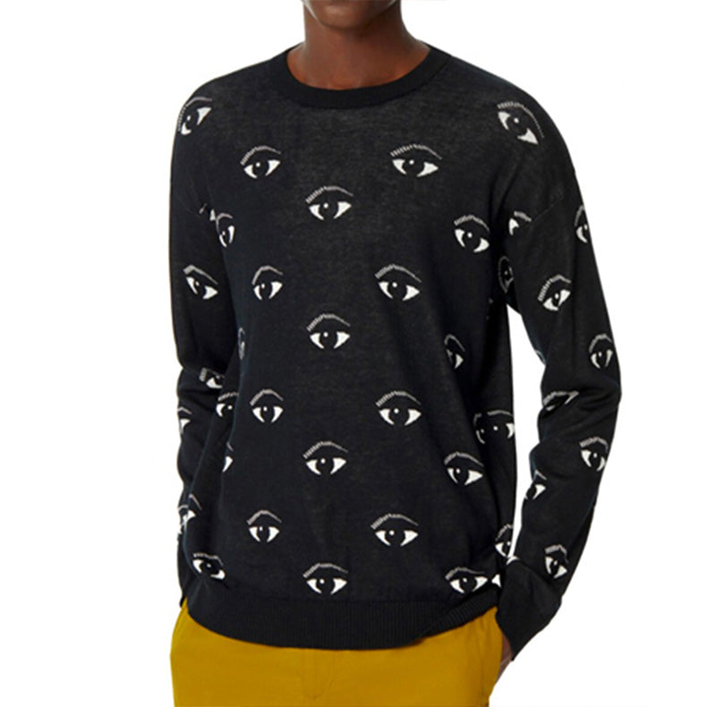 KENZO Eyes Pattern Round Collar Long Sleeve Male Black 5PU502-3XF-99