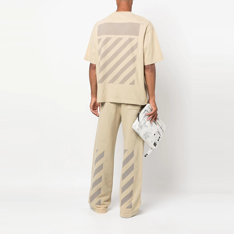 Men's Off-White Stripe Round Neck Short Sleeve Beige T-Shirt OMAA120F22JER0011717