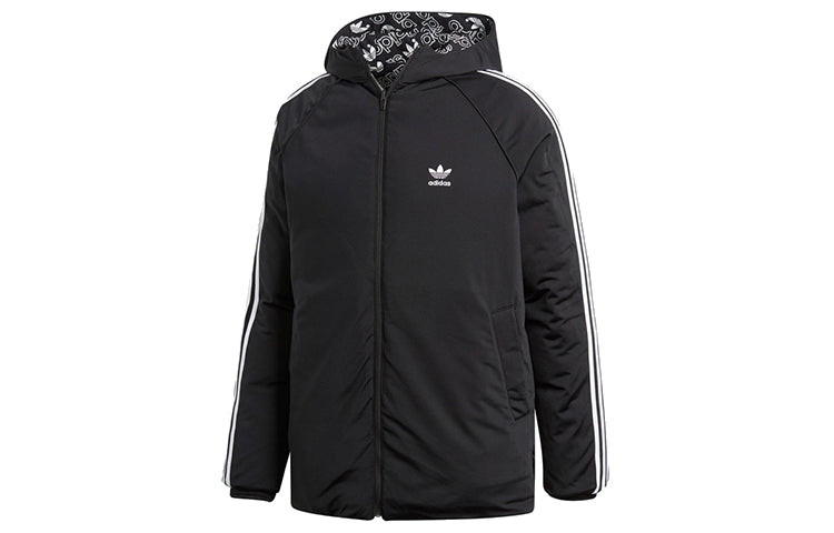 adidas originals Monogram JKT Full Print logo Reversible Stay Warm hooded down Jacket Black White DP8561