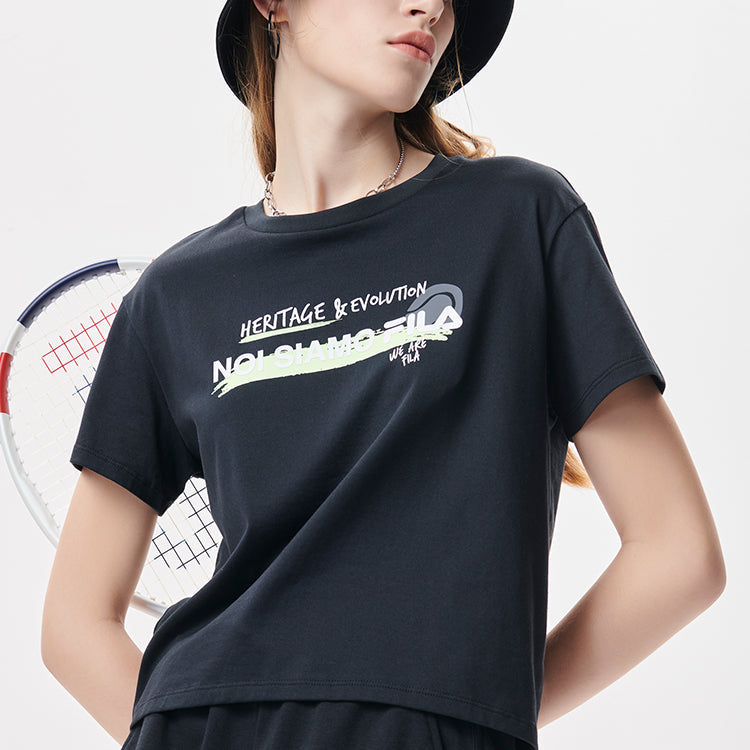FILA FUSION Loose Sports Printing Knit Short Sleeve Black T11W131104F-BK
