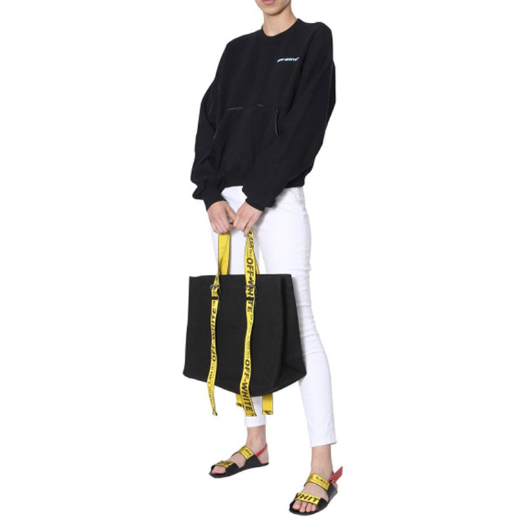 (WMNS) Off-White Black Logo Round Neck Pullover Hoodie Black OWBA043R19C480681001