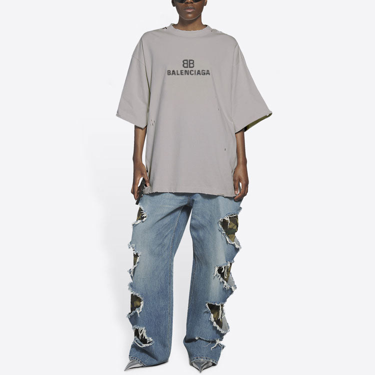Men's Balenciaga Mosaic Logo BB Alphabet Loose Hole Distress Short Sleeve Gray 651795TKVF58174