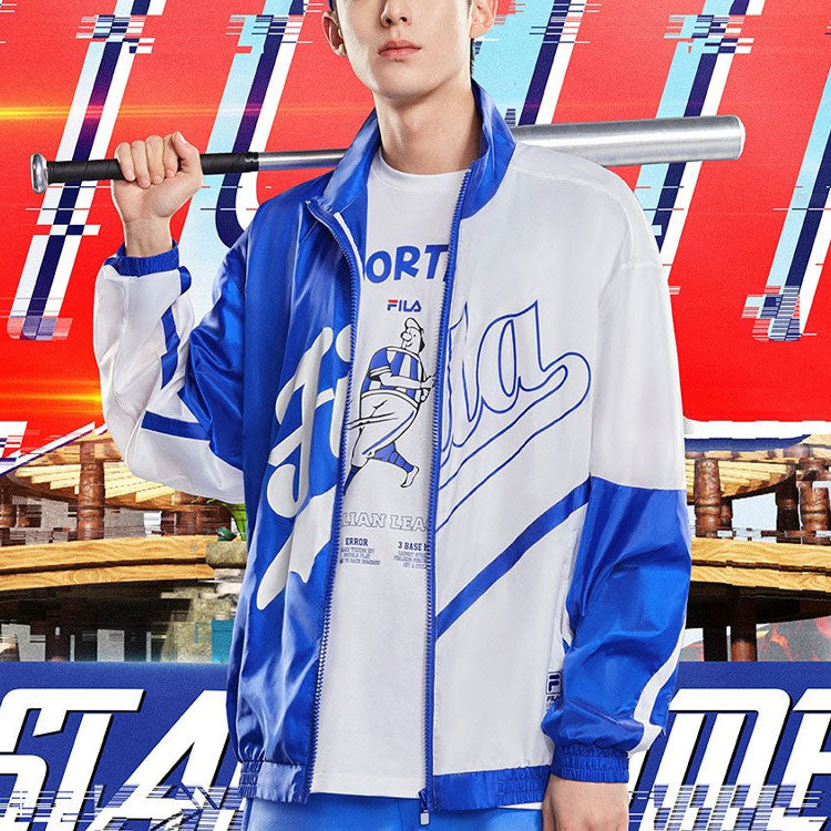 Men's FILA FUSION Thin and light Loose Contrasting Colors Stand Collar Jacket Blue T11M122703F-BU