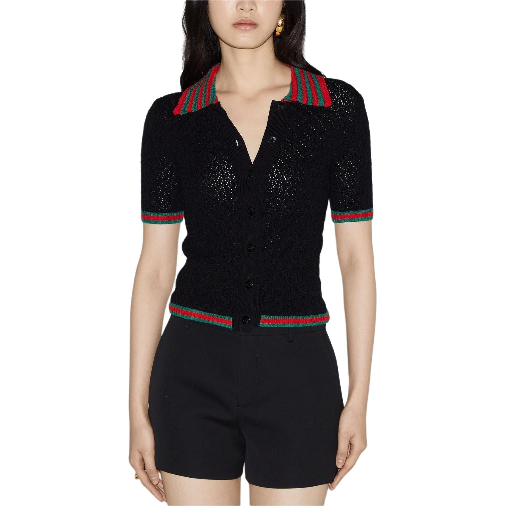 (WMNS) Gucci Cotton Lace Polo With Web 'Black' 792042-XKD3C-1152