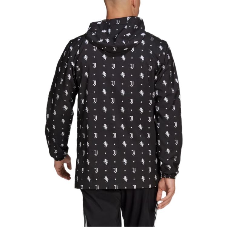 Men's adidas SS22 Solid Color Logo Full Print Long Sleeves Hooded Jacket Black HB6013