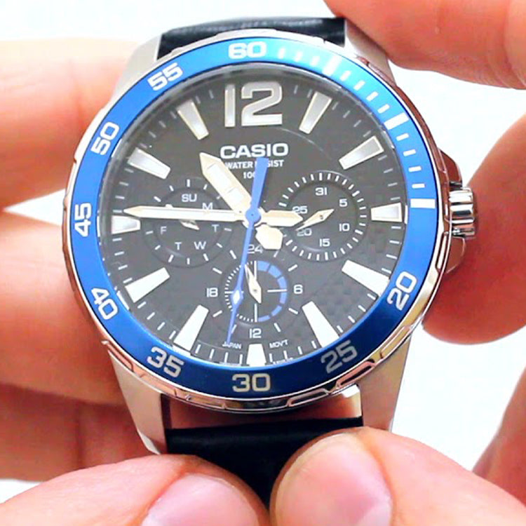 Men's CASIO Quartz 100 Meter Waterproof Date Display Regular Timing 41mm Leather Strap Watch Mens Blue Analog MTD-330L-1A2VDF