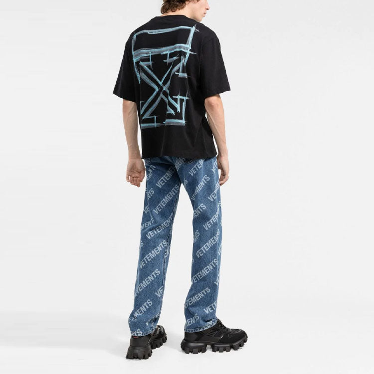 Off-White FW21 Round Neck Alphabet Printing Short Sleeve Loose Fit Black OMAA120F21JER0121084