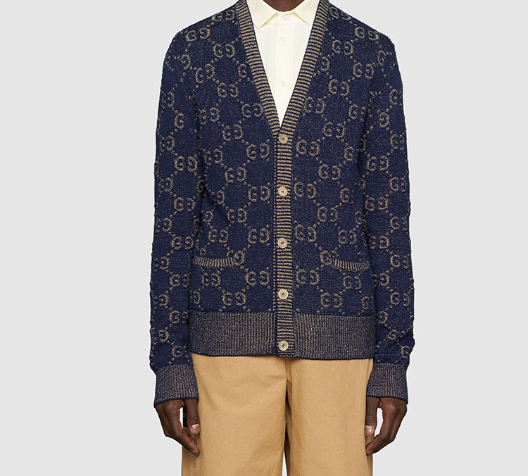 Gucci GG Cotton Jacquard Cardigan For Men Blue 614746-XKBAU-4079