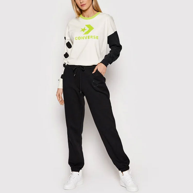 (WMNS) Converse Large Logo Printing Splicing Contrasting Colors Loose Round Neck Long Sleeves White T-Shirt 10023077-A01